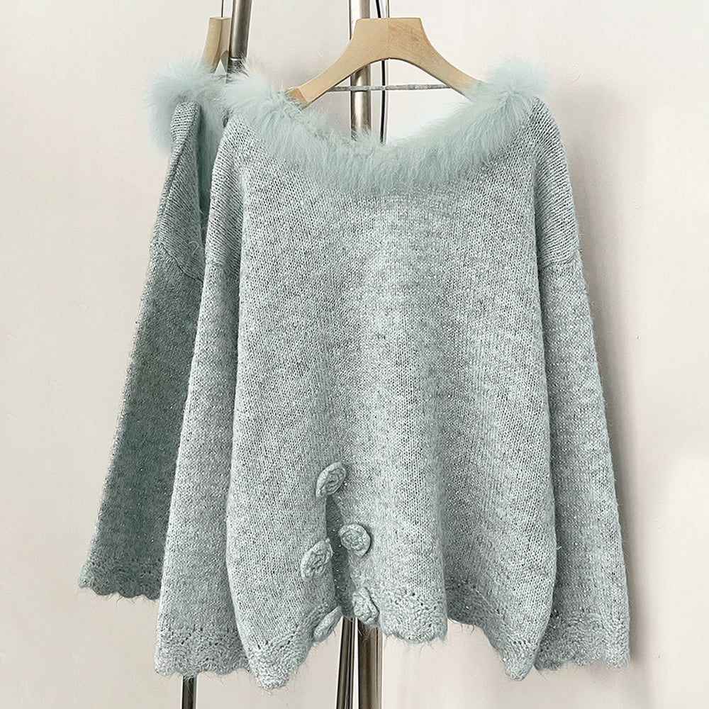 OFTBUY New Spring Autumn Loose Sequins Clothes Women Flowers Bow Knit Pullovers Jacket Female Real Fox Fur Back-length Sweater