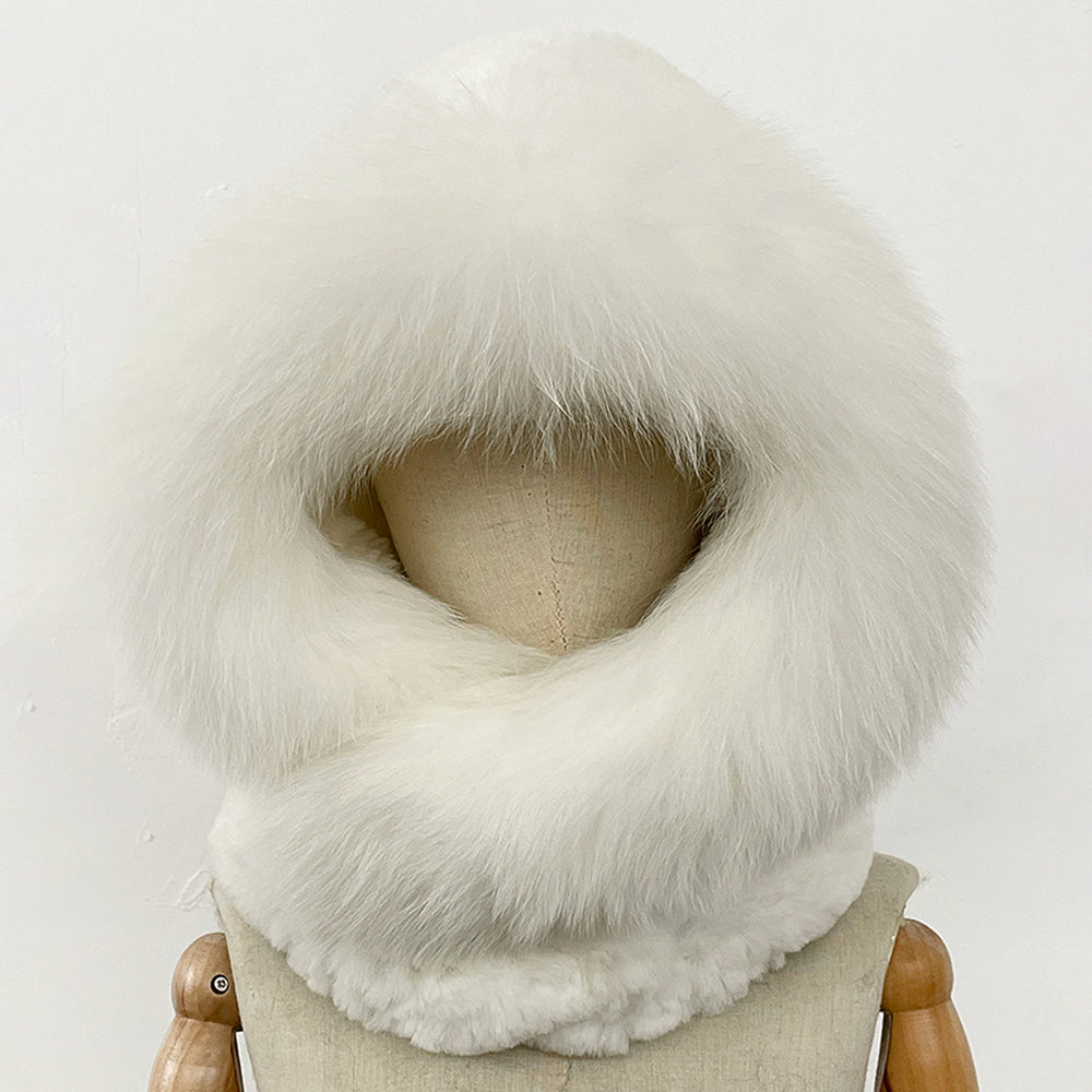 OFTBUY New Winter Thick Warm Windproof Fluffy Neckerchief Female Natural Rabbit Fur Hat with Scarf Women Real Fox Fur Cap Child