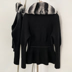 OFTBUY Drawstring Waist Slim Fit Jacket Warm Winter Outerwear New Women's 100% Cotton Knit Cardigan with Striped Rex Rabbit Fur