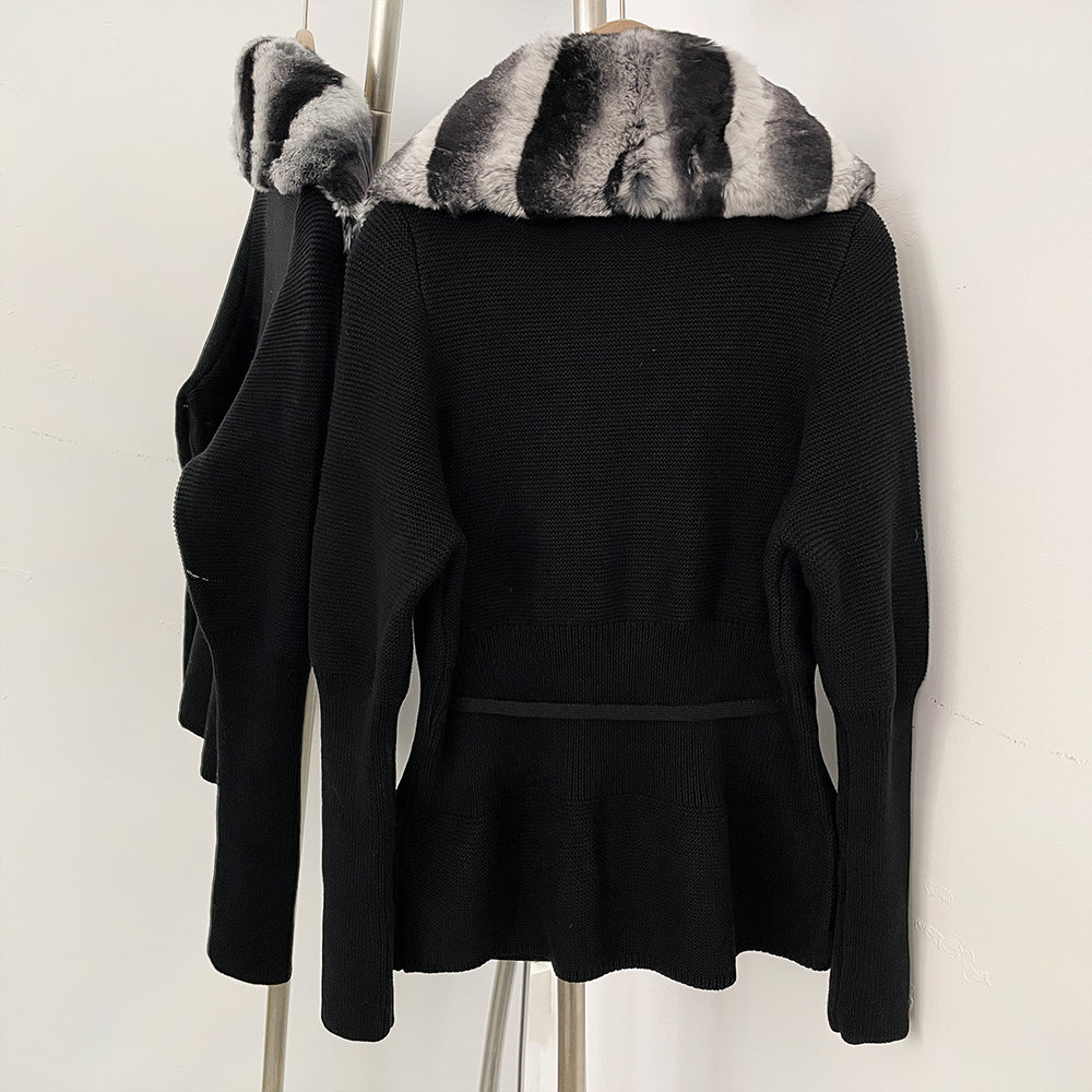 OFTBUY Drawstring Waist Slim Fit Jacket Warm Winter Outerwear New Women's 100% Cotton Knit Cardigan with Striped Rex Rabbit Fur