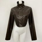 OFTBUY New Women's Faux Leather Cropped Jacket Stand Collar Asymmetric Hem Closure Streetwear Fashion Outerwear Clothing Female