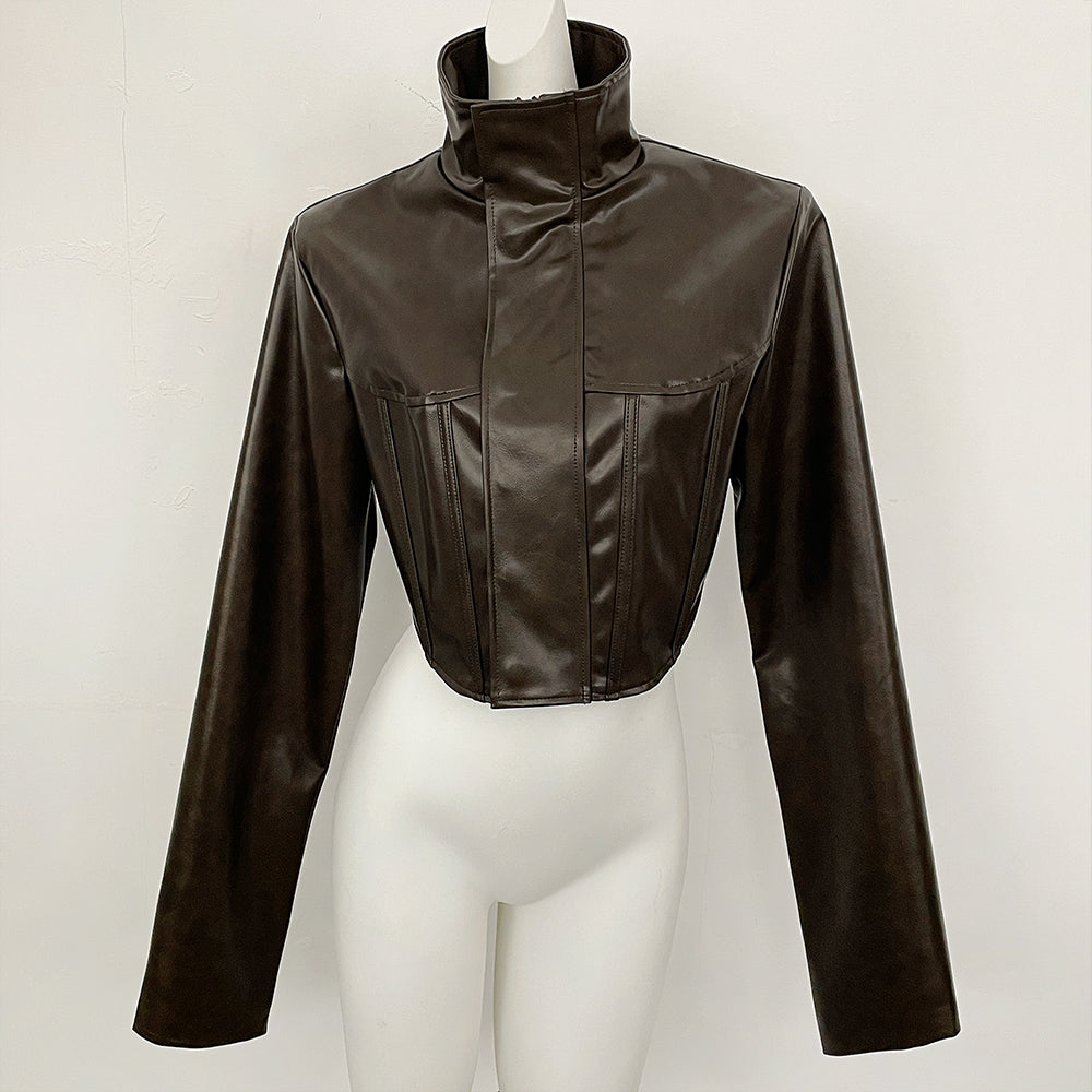 OFTBUY New Women's Faux Leather Cropped Jacket Stand Collar Asymmetric Hem Closure Streetwear Fashion Outerwear Clothing Female