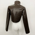 OFTBUY New Women's Faux Leather Cropped Jacket Stand Collar Asymmetric Hem Closure Streetwear Fashion Outerwear Clothing Female