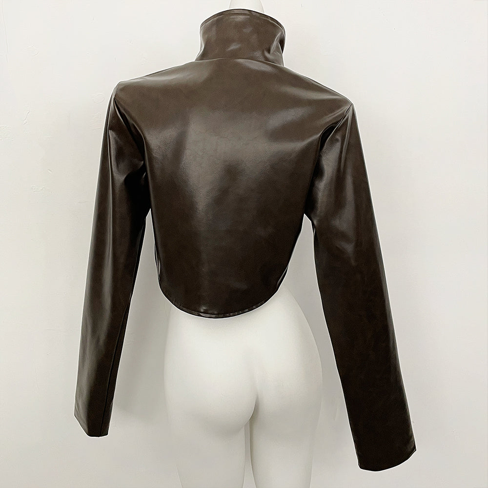 OFTBUY New Women's Faux Leather Cropped Jacket Stand Collar Asymmetric Hem Closure Streetwear Fashion Outerwear Clothing Female