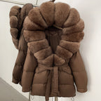 OFTBUY Thick Warm Mid-Long Puffer Coat Real Fox Fur Collar White Duck Down Coat Female Loose Warm Hooded Parkas With Belt