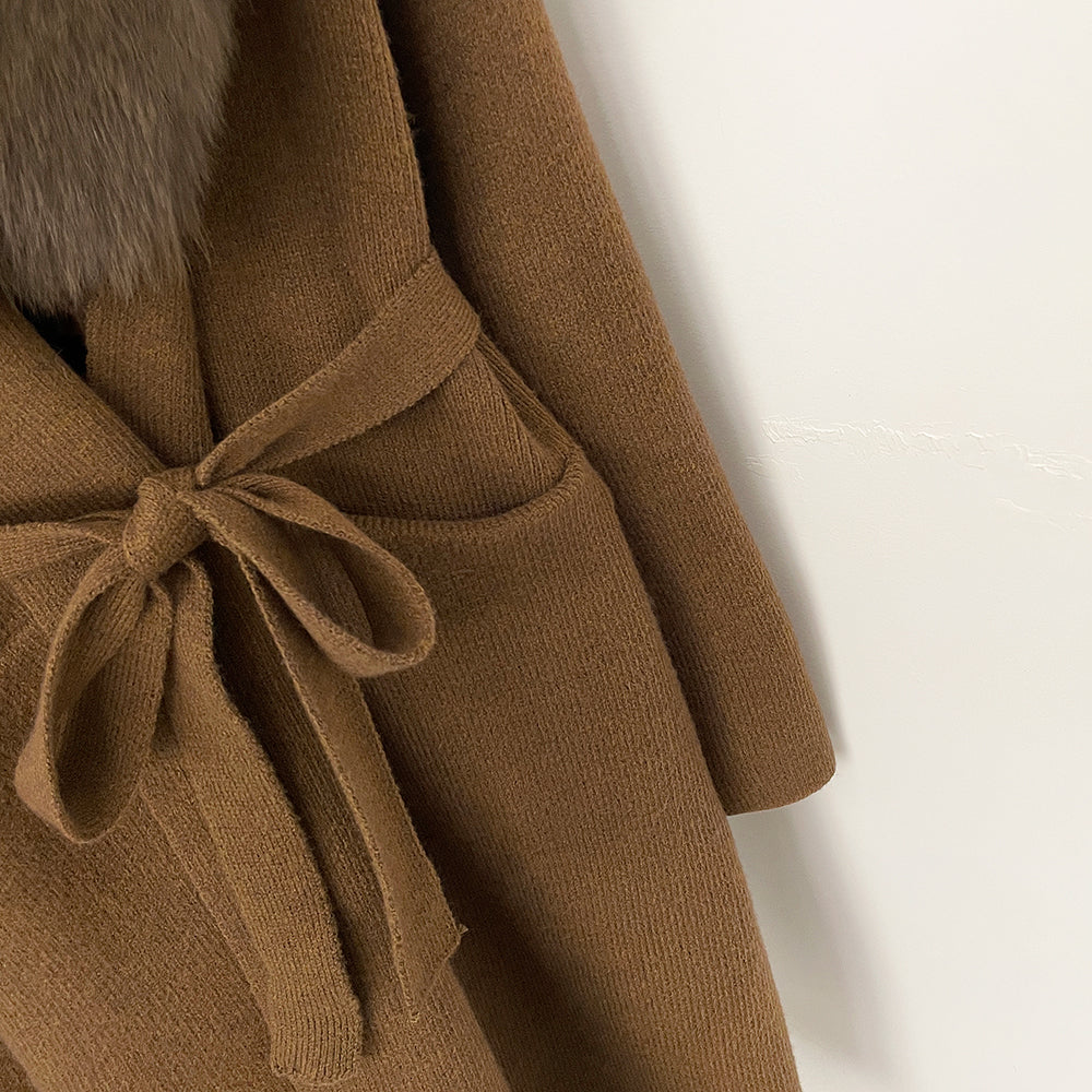 OFTBUY Women's Luxury Brown Knit Cardigan with Real Fox Fur Collar Belted Sweater Coat Female New Fashion Warm Winter Outerwear