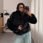 OFTBUY Luxury Oversized Lapel Faux Fur Jacket - Chic Short Vegan Fur Coat for Winter Glamour