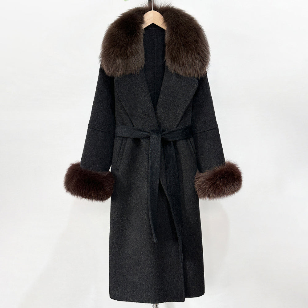 OFTBUY Fashion Warm Wool Coat with Real Fox Fur Collar New Autumn Winter Long Clothing Women Belt Elegant Woolen Jcacket Female