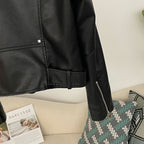 OFTBUY Women's Black Faux Leather Moto Biker Jacket Asymmetric Zip PU Coat with Belt New Autumn Winter Vintage Punk Outerwear