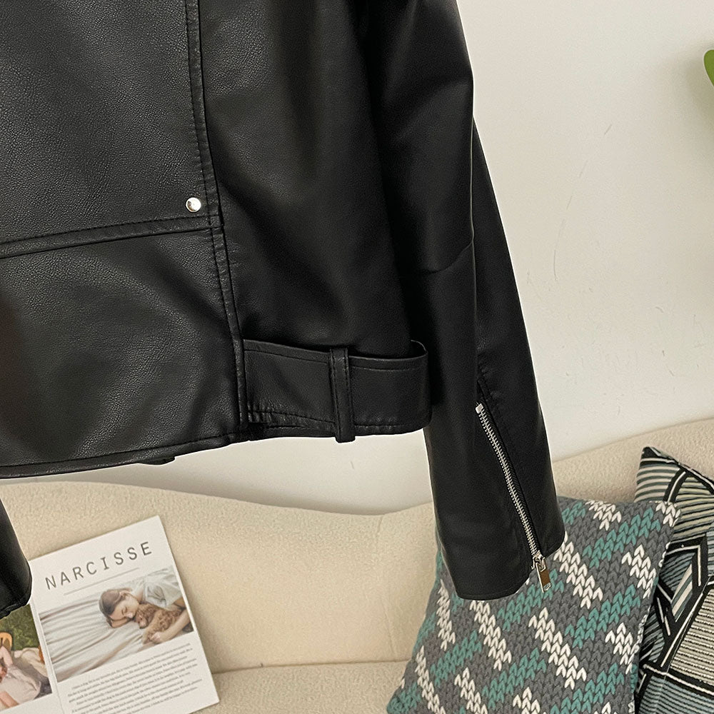OFTBUY Women's Black Faux Leather Moto Biker Jacket Asymmetric Zip PU Coat with Belt New Autumn Winter Vintage Punk Outerwear