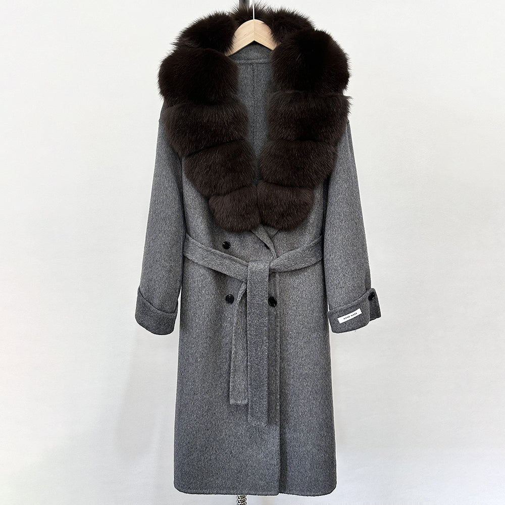 OFTBUY Winter Jacket Women Woolen Blends Coat Natural Real Fox Fur Collar Belt Loose Outerwear Casual Outerwear Streetwear