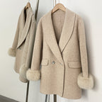 OFTBUY New Women's Wool Coat with Real Fox Fur Cuffs Double Breasted Diamond Button Lapel Winter Elegant Outerwear Female