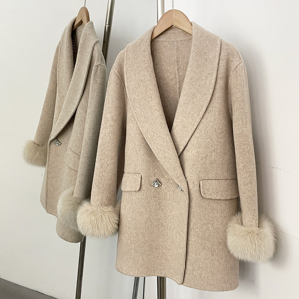 OFTBUY New Women's Wool Coat with Real Fox Fur Cuffs Double Breasted Diamond Button Lapel Winter Elegant Outerwear Female