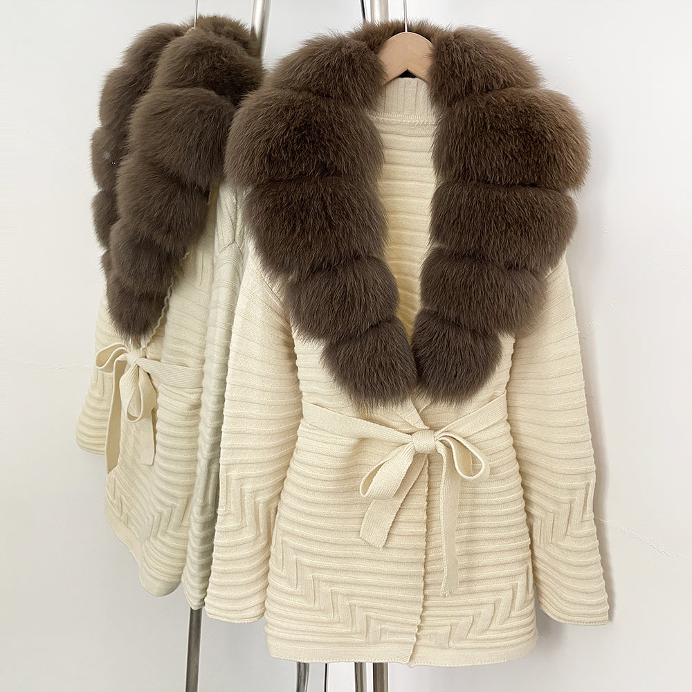 OFTBUY New Women's Knit Coat with Large Real Fox Fur Collar Belted Waist Striped Texture Pockets Winter Luxury Elegant Outerwear