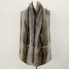 OFTBUY Luxury Long-Line Faux Fur Gilet - Premium Vegan Fox Fur Sleeveless Overcoat with Oversized Shawl Collar