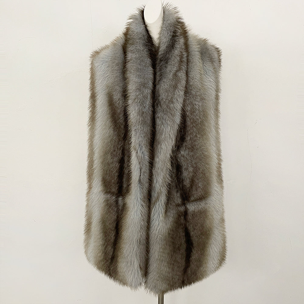 OFTBUY Luxury Long-Line Faux Fur Gilet - Premium Vegan Fox Fur Sleeveless Overcoat with Oversized Shawl Collar
