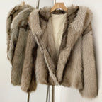 OFTBUY Luxury Hooded Faux Fur Jacket - Premium Vegan Silver Fox Style Cropped Winter Coat