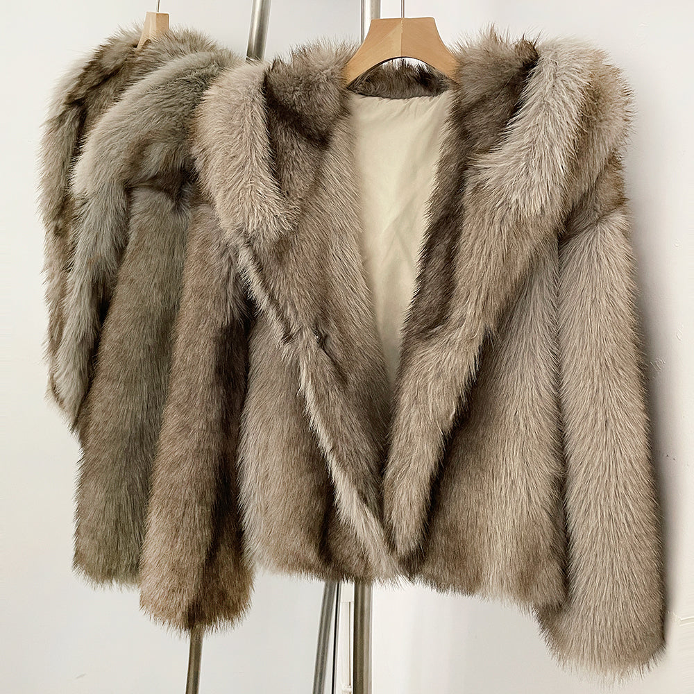 OFTBUY Luxury Hooded Faux Fur Jacket - Premium Vegan Silver Fox Style Cropped Winter Coat