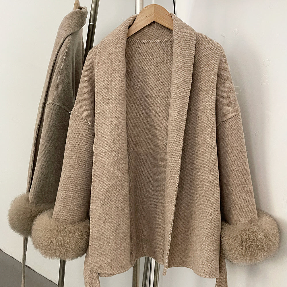 OFTBUY Belted Warm Winter Elegant Fashion Outerwear Wool Jacket Lady New Women's Double-Faced Wool Coat with Real Fox Fur Cuffs
