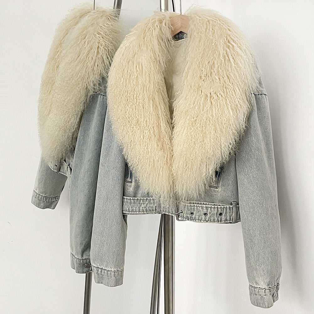 OFTBUY New Casual Fluffy Winter Clothes Women Short Mongolia Sheep Fur Collar Down Denim jacket Female Real Fur Puffer Jacket