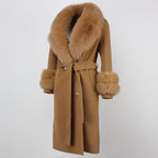 OFTBUY Winter Jacket Women Long Natural Wool Blends Cashmere Real Fur Coat Double Breasted Belt Warm Streetwear New Fashion