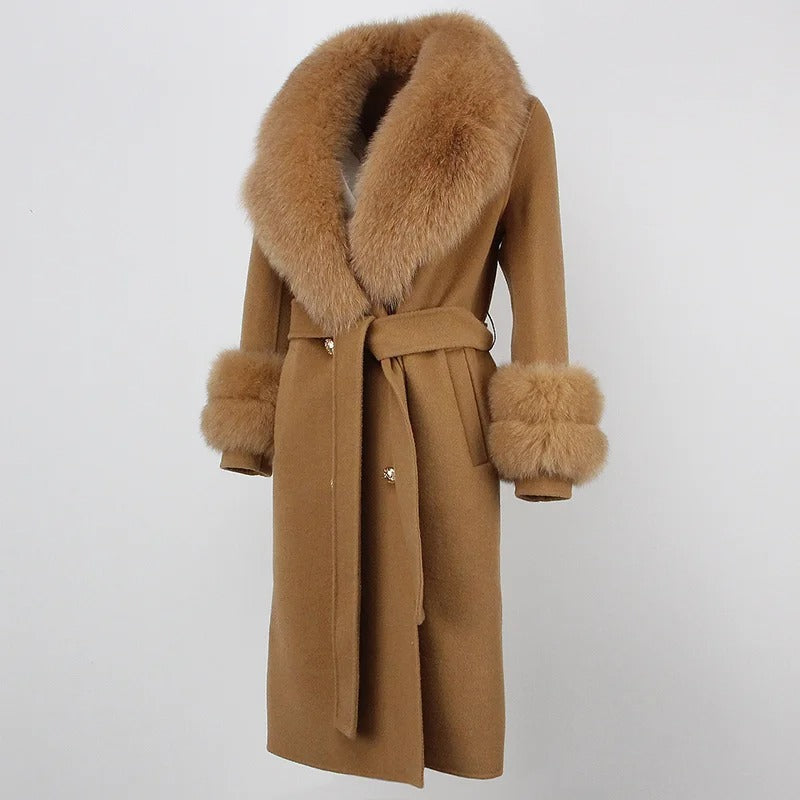 OFTBUY Winter Jacket Women Long Natural Wool Blends Cashmere Real Fur Coat Double Breasted Belt Warm Streetwear New Fashion
