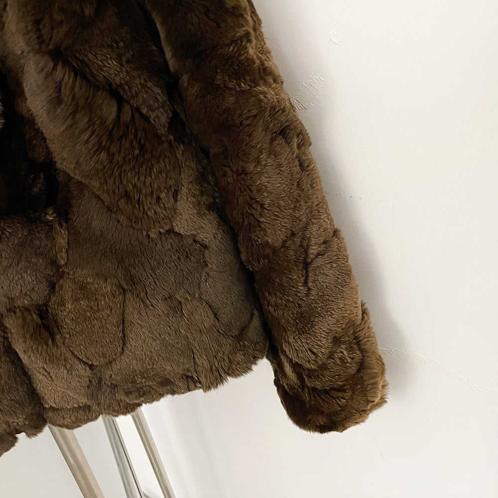 OFTBUY V-Neck Open Front Fur Jacket Female New Autumn Winter Outerwear Women's Brown Patchwork Real Rex Rabbit Fur Short Coat