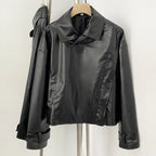 OFTBUY New Women's Clothes Faux Leather Jacket Lapel Collar Button Coat Female Elastic Hem Streetwear Fashion Casual Outerwear