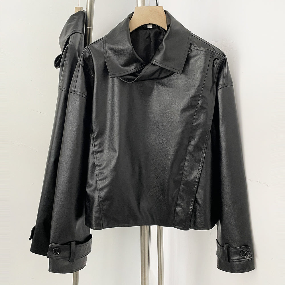 OFTBUY New Women's Clothes Faux Leather Jacket Lapel Collar Button Coat Female Elastic Hem Streetwear Fashion Casual Outerwear
