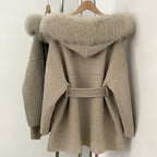OFTBUY New Autumn Winter Top Clothes Female Hooded Natural Fur Collar 100% Wool Jacket Women Belt Real Fox Fur Woolen Coat