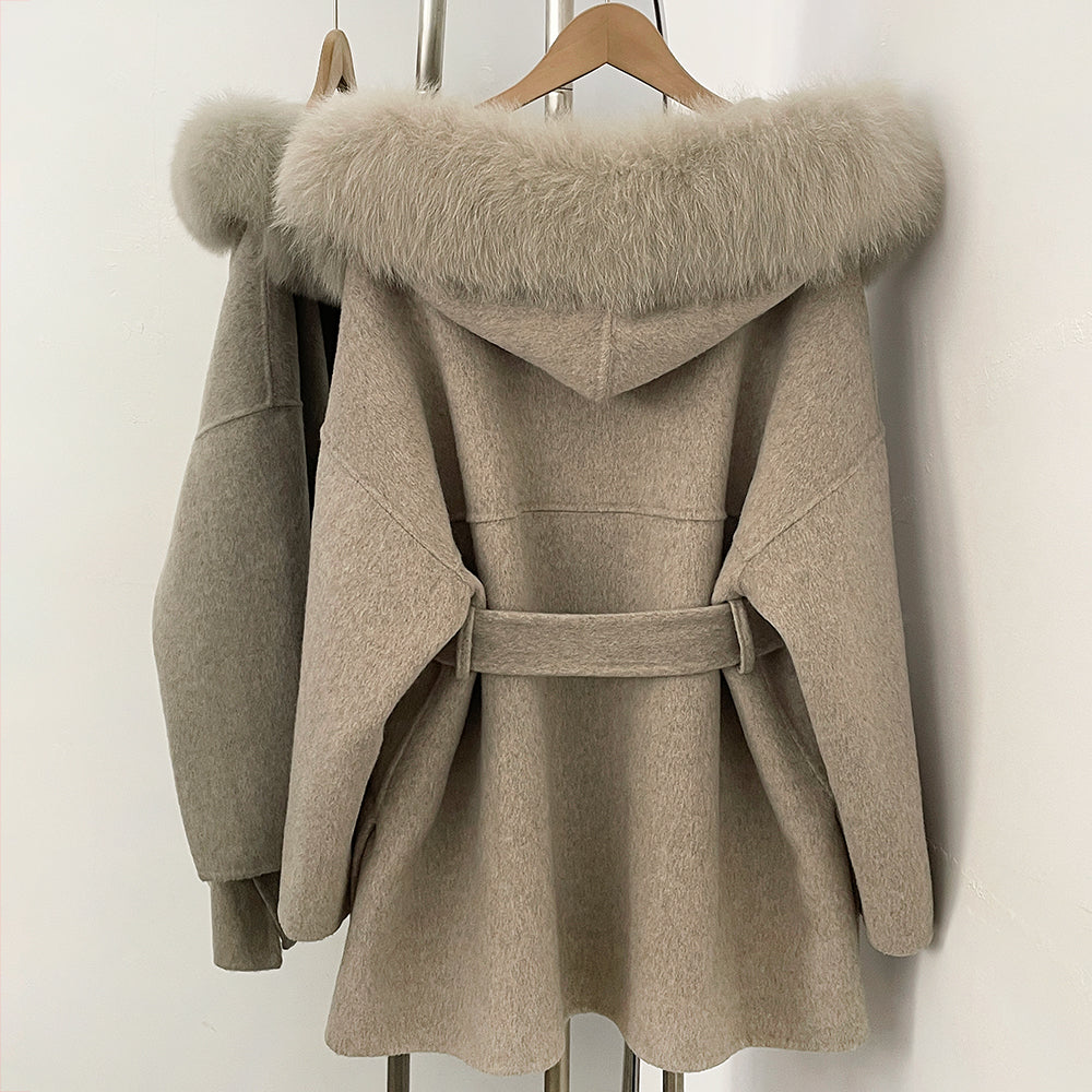 OFTBUY New Autumn Winter Top Clothes Female Hooded Natural Fur Collar 100% Wool Jacket Women Belt Real Fox Fur Woolen Coat