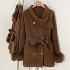 OFTBUY Gold Buttons Belted Bow Warm Winter Elegant Fashion Outerwear New Women's Double Face Wool Coat with Real Fox Fur Cuffs