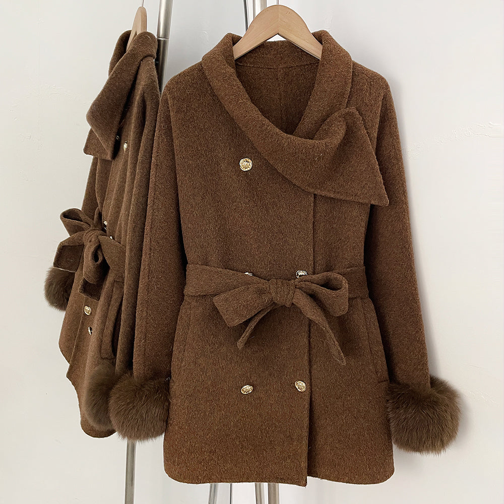 OFTBUY Gold Buttons Belted Bow Warm Winter Elegant Fashion Outerwear New Women's Double Face Wool Coat with Real Fox Fur Cuffs