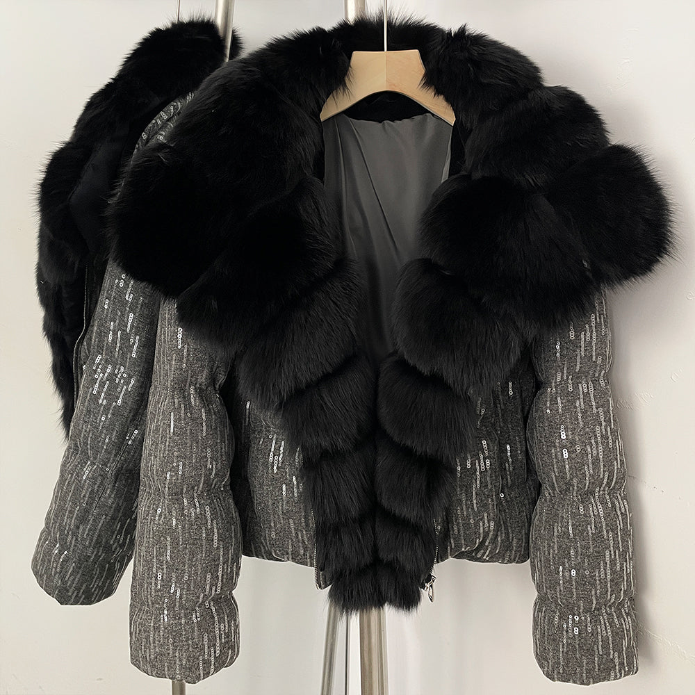 OFTBUY Sequined Duck Down Coat Female New Women's Short Puffer Jacket with Real Fox Fur Collar  Luxury Sparkly Winter Outerwear