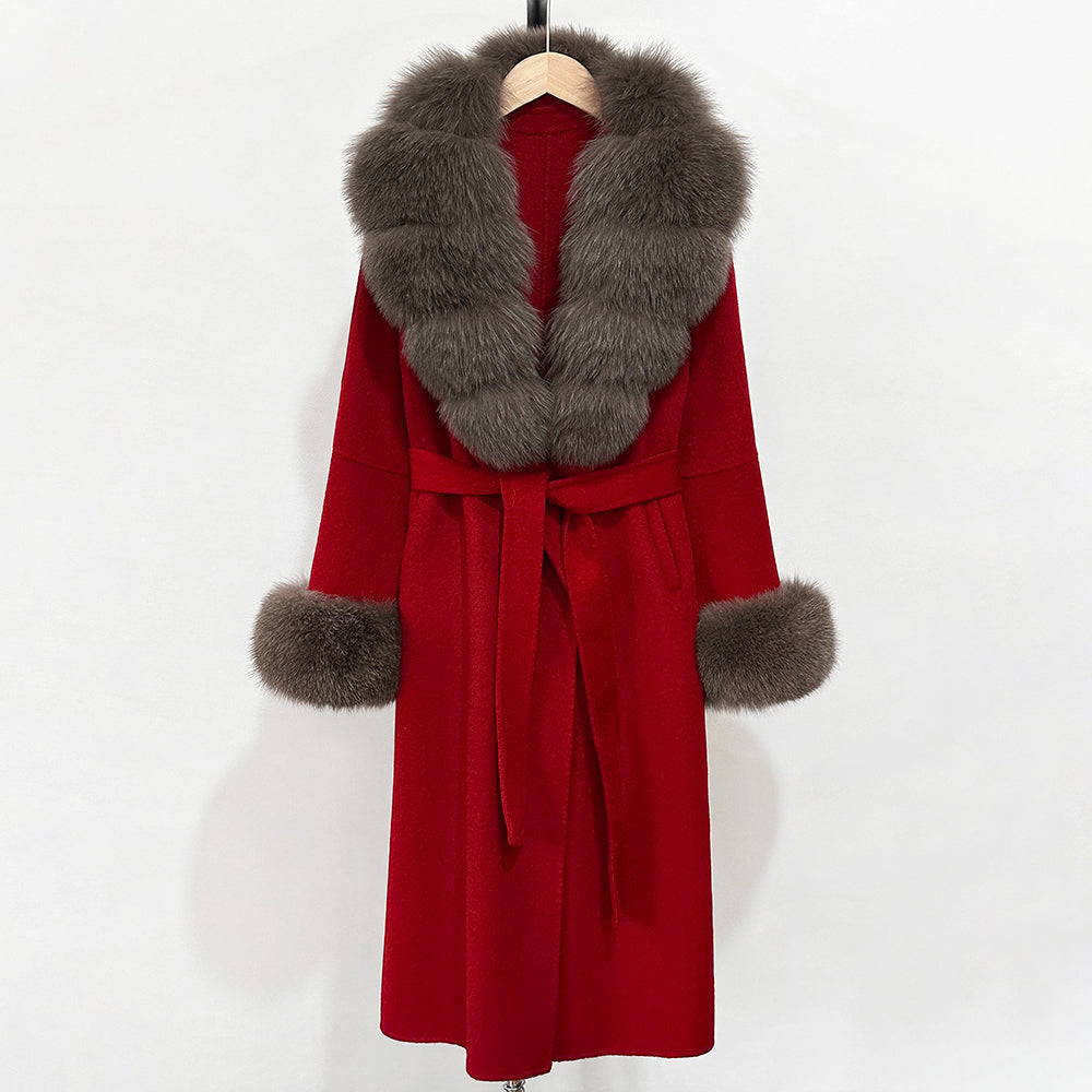 OFTBUY New Women's Double-Faced Wool Coat with Large Real Fox Fur Belted Warm Winter Luxury Fashion Outerwear Woolen Jacket Lady