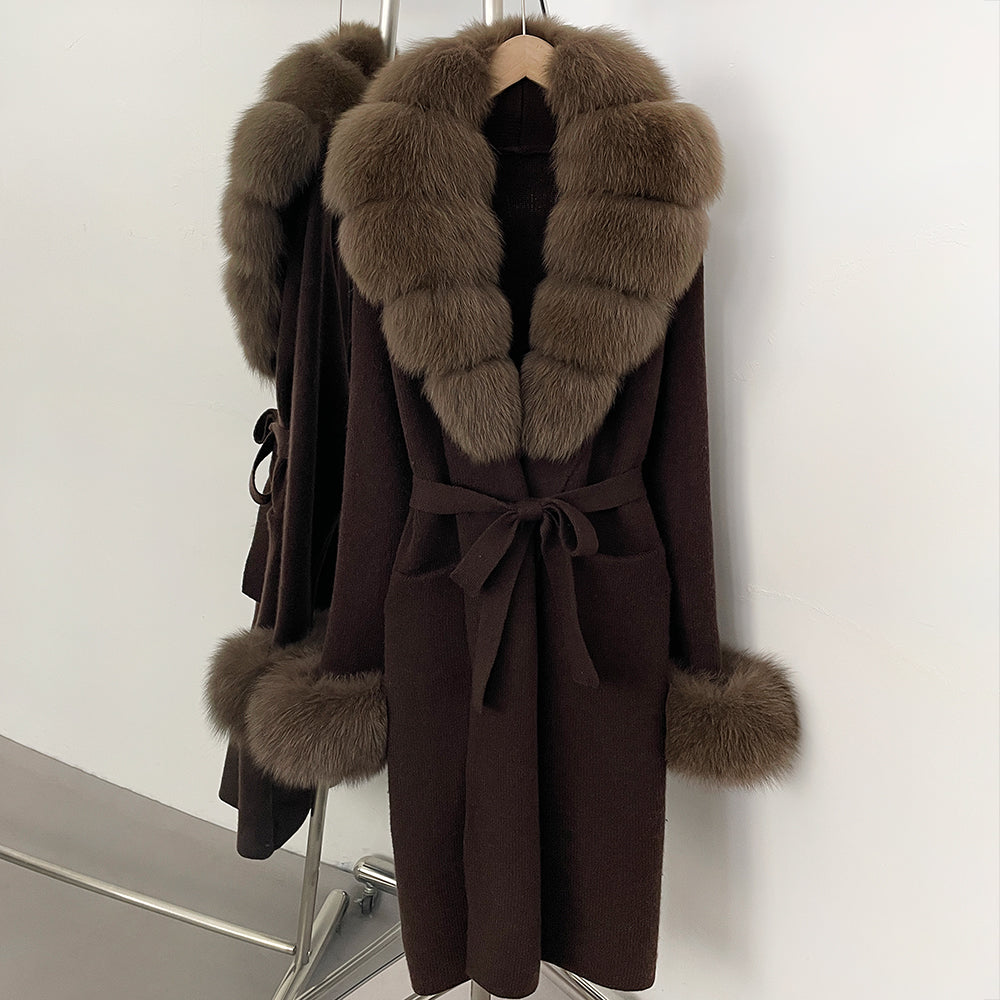 OFTBUY New Cardigan Autumn Winter Long Knit Clothing Women Loose Warm Belt Sweater Jacket with Real Fox Fur Collar and Cuffs