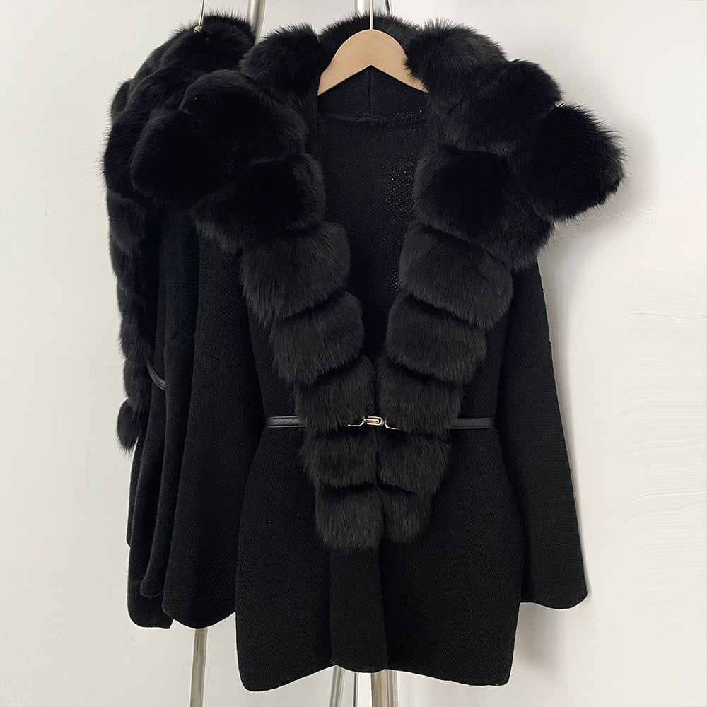OFTBUY Fashion Belt Warm Sweater Female Natural Fur Loose Cadigan Coat Women Medium Length Knit Jacket with Real Fox Fur Collar