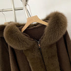 OFTBUY Luxury Viscose Blend Knitted Jacket with Real Fox Fur Hood & Trim - Premium Zip-Up Sweater with Oversized Fur Collar