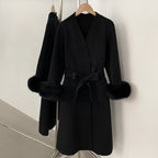 OFTBUY New Women's Double-Faced Wool Coat with Real Fox Fur Cuffs V-Neck Belted Bow Long Warm Winter Elegant Fashion Outerwear