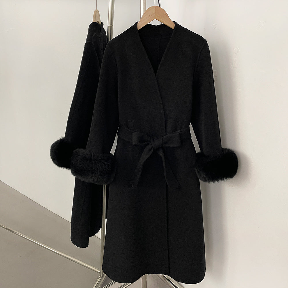 OFTBUY New Women's Double-Faced Wool Coat with Real Fox Fur Cuffs V-Neck Belted Bow Long Warm Winter Elegant Fashion Outerwear