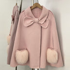 OFTBUY  New Women's Wool Cape Coat with Large Bow Detail Real Fox Fur Pockets Button Closure Winter Elegant Fashion Outerwear