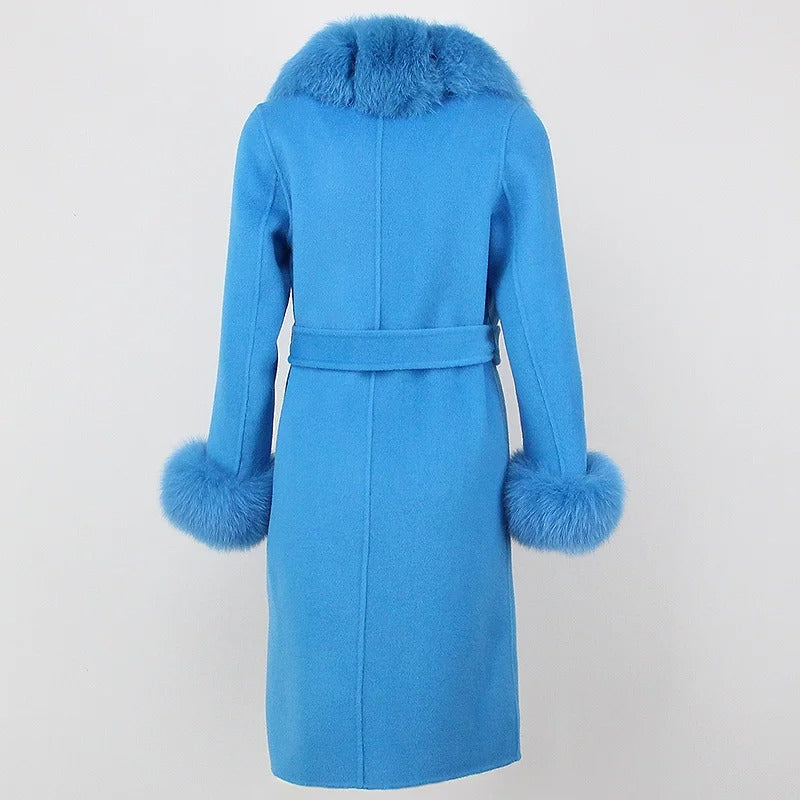 OFTBUY Winter Jacket Women Long Natural Wool Blends Cashmere Real Fur Coat Double Breasted Belt Warm Streetwear New Fashion