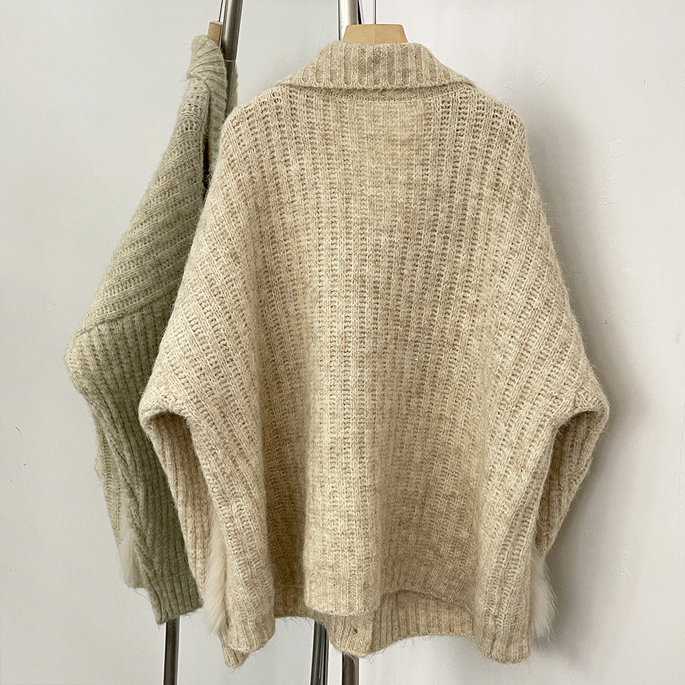 OFTBUY New Fashion Spring Autumn Loose Sweater Female Real Fox Fur Cardigan Clothing Women Button Oversized Knitted Jacket Lady