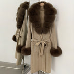 OFTBUY Winter Elegant Outerwear Warm Long Coat Lady New Women's Knit Coat with Large Real Fox Fur Collar Belted Cardigan Female