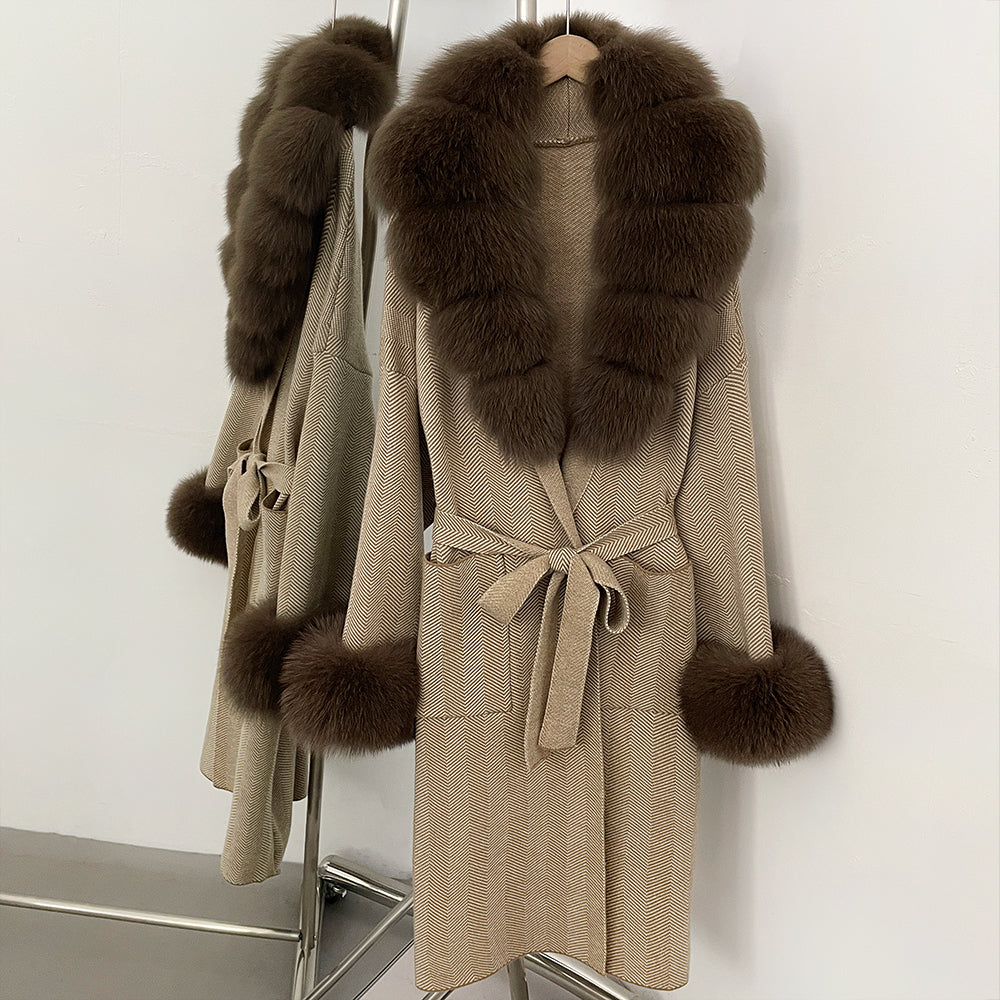 OFTBUY Winter Elegant Outerwear Warm Long Coat Lady New Women's Knit Coat with Large Real Fox Fur Collar Belted Cardigan Female