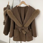 OFTBUY Belt Luxury Fur Navy Collar Warm Jacket Female 100% Wool Coat with Real Fox Fur New Autumn Winter Woolen Colthes Women