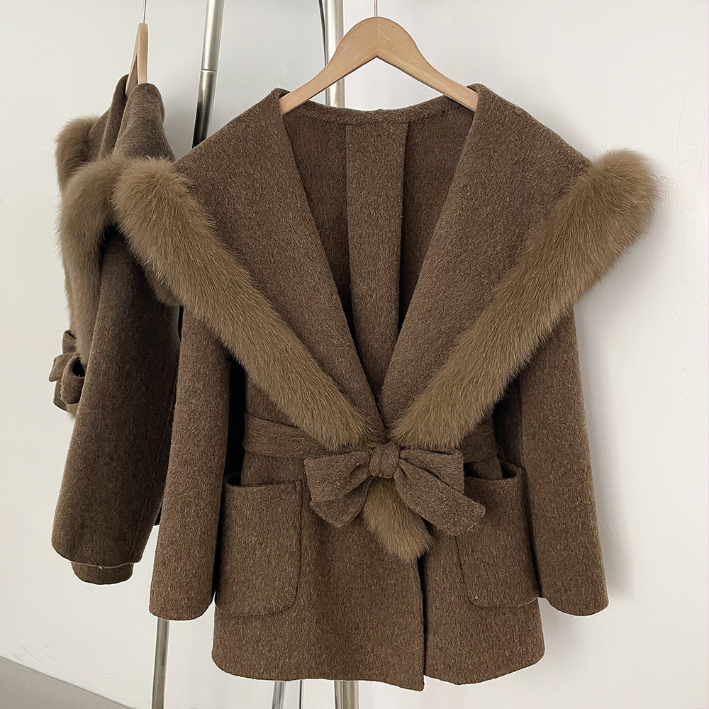 OFTBUY Belt Luxury Fur Navy Collar Warm Jacket Female 100% Wool Coat with Real Fox Fur New Autumn Winter Woolen Colthes Women