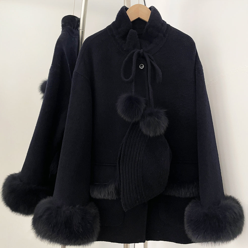 OFTBUY Loose Real Fox Fur 100% Wool Coat with Hat New Autumn Winter Top Clothes Women Natural Fur Cashmere Woolen Jacket Female