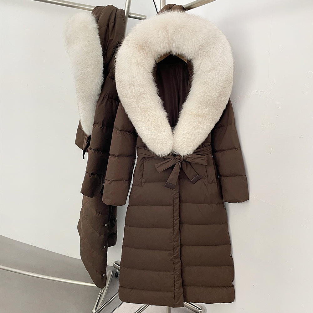 OFTBUY Hooded Winter White Duck Down Coat Large Real Fox Fur Collar X-Long Puffer Jacket Women Thick Female Parkas With Belt
