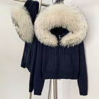 OFTBUY New Women's Beige Knit Hoodie with Large Real Fox Fur Trim Zipper Pockets Warm Winter Fashion Casual Outerwear Lady